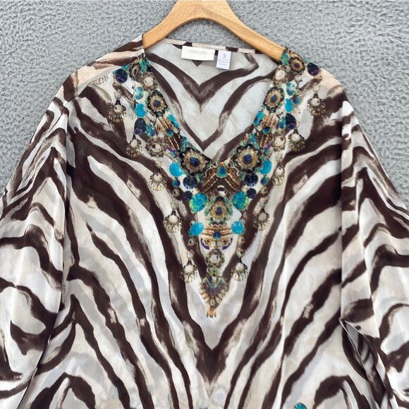 Chicos Top Womens 3 US Extra Large Brown Multi Zebra Stripes 3/4 Sleeves Blouse - Picture 2 of 9